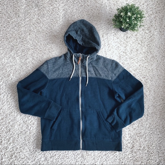 H&M Tops - Navy Blue Zip-Up Hoodie + Leather Zipper